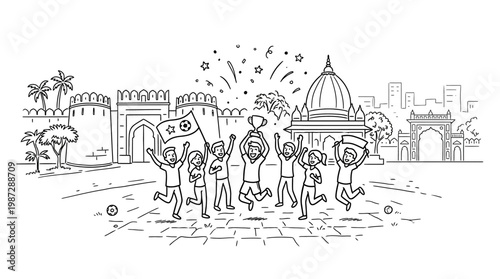 Indian Team Celebrating Victory with Trophy and Indian Flag