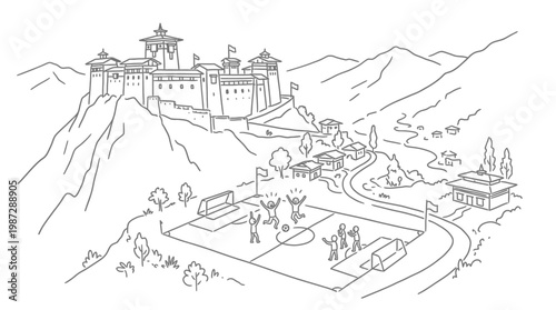 Black and White Sketch of a Bhutanese Fortress and Landscape