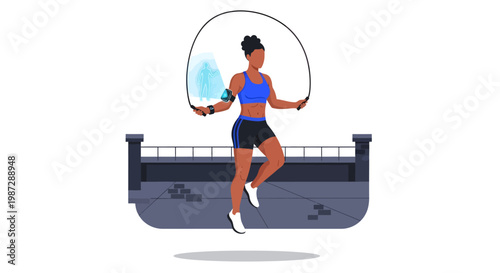 Woman jumping rope outdoors in sporty outfit with water bottle
