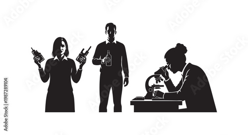 Science research silhouettes featuring laboratory worker with microscope and laboratory staff holding glass bottles art.