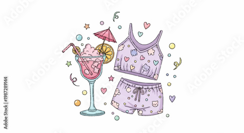 Summer Vibes - Cocktail and Pajama Set Illustration for Relaxation.