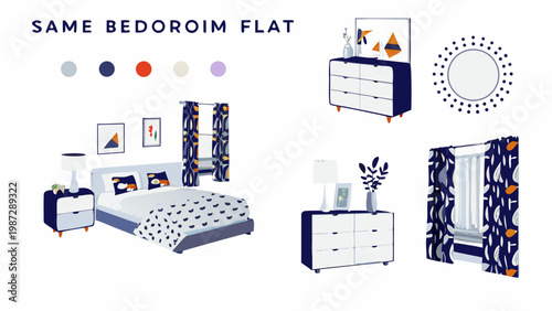 Modern bedroom interior design featuring navy blue and geometric patterns