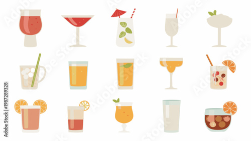 Collection of colorful cocktail and juice glasses in a flat design