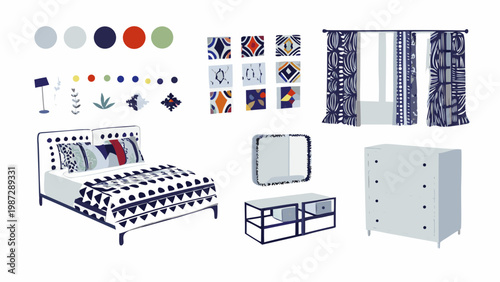 Modern bedroom interior design with patterned textiles and furniture layout