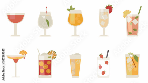 Collection of various colorful cocktails and refreshing summer drinks displayed