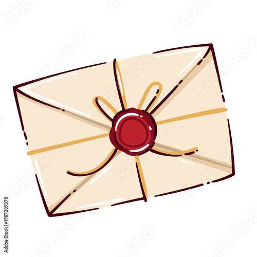Sealed letter with folded envelope, string bow and red wax stamp, angled message icon. Mafia board game clue, secret role prop and tabletop sealed letter, vector illustration.