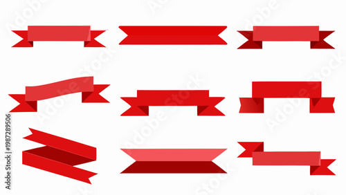 Collection of vibrant red ribbon banners with decorative flourishes