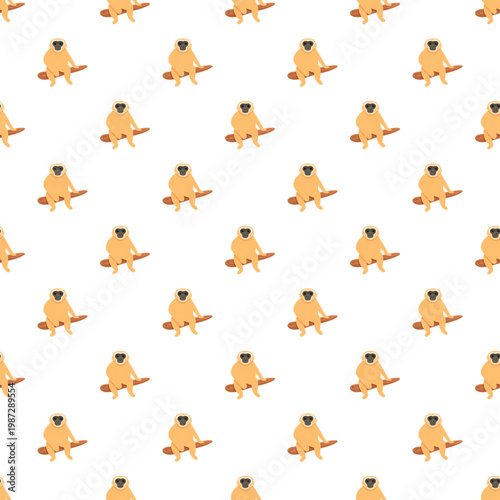 Gibbon monkeys sitting on branches forming a fun seamless pattern on a white background