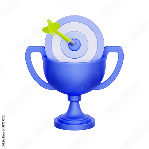 3D illustration of trophy cup with dart target board for winning strategy, ultimate achievement, successful targeting, competitive victory, and reaching business goal.