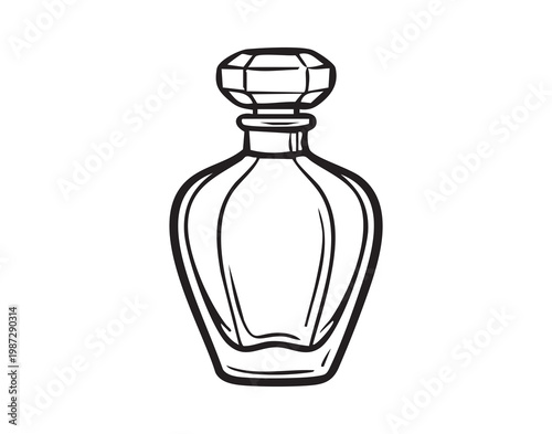 Elegant glass perfume bottle sketch capturing luxury fragrance aesthetic with ornate stopper and faceted base, reflective curves and vintageinspired silhouette, boudoir vanity accessory, decorative
