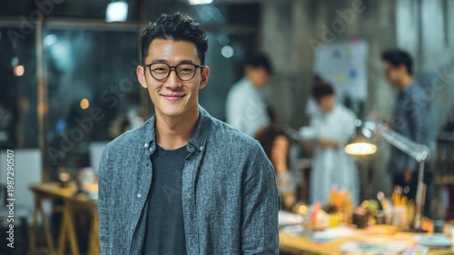 Smiling businessman portrait in creative office workspace