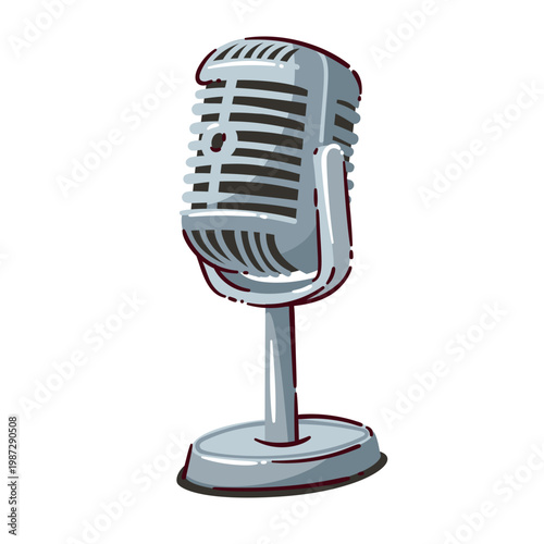 Microphone with vintage metal grille, silver stand and round base, old radio style prop. Stage, host and mafia board game clue with microphone, vector illustration.