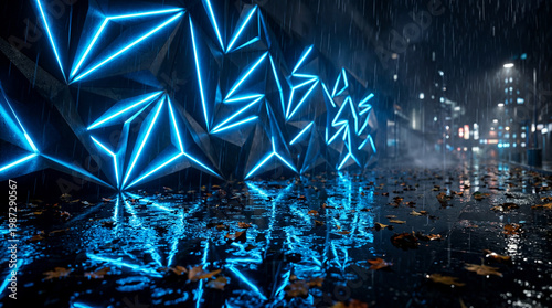 Blue Neon Geometric Light Wall in Rainy Night City  Futuristic Urban Reflection