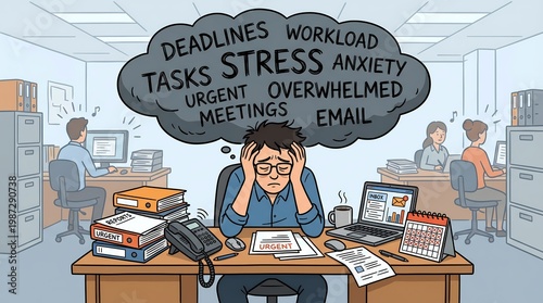Overwhelmed Office Worker with Stressful Thoughts and Heavy Workload in a Busy Office Environment