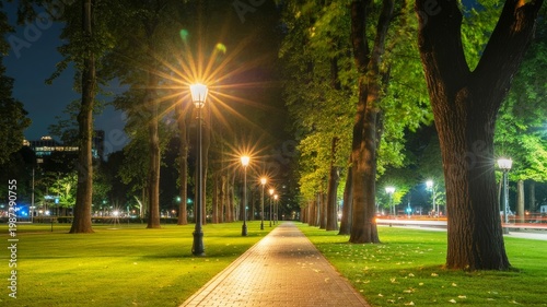 A serene nighttime park scene lined with glowing street lamps and lush trees, creating a tranquil atmosphere.