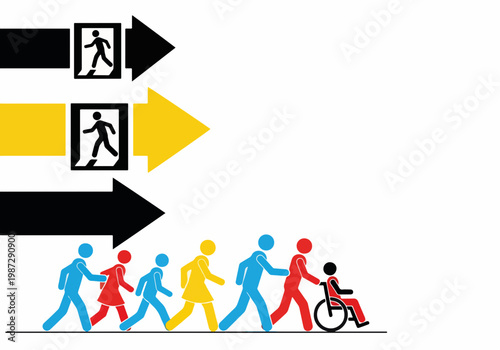 Diverse group of people moving forward with determination, showcasing inclusivity and accessibility, against a clean background with directional symbols, ideal for labor protection themes.