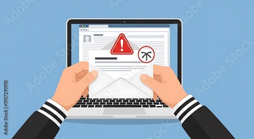 Person views warning email on laptop screen with hands
