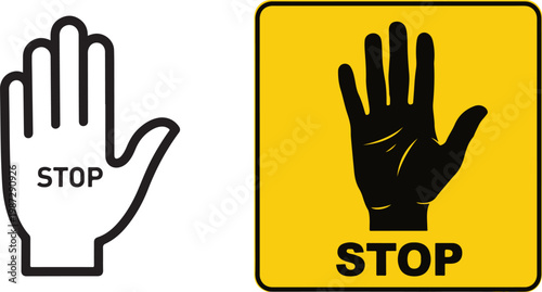 Stop hand sign icons set with outline and solid yellow square design