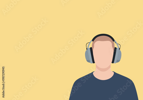 Person wearing headphones in a relaxed mood, enjoying music against a cheerful yellow background with ample copy space.