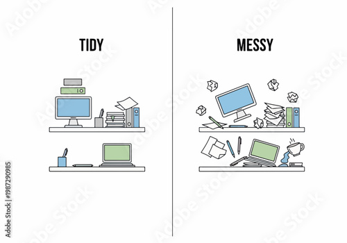 Comparison of Tidy and Messy Workspaces Illustrating Organization and Chaos in Minimalist Style