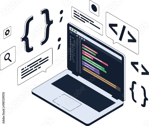Isometric Software Development and Programming Concept with Laptop and Coding Icons