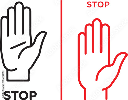 Stop hand gesture sign vector illustration with black and red outline icons