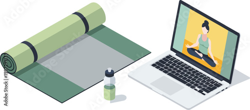 Online Yoga Class Concept: Isometric Illustration of Laptop with Instructor, Yoga Mat, and Water Bottle for Home Fitness and Wellness