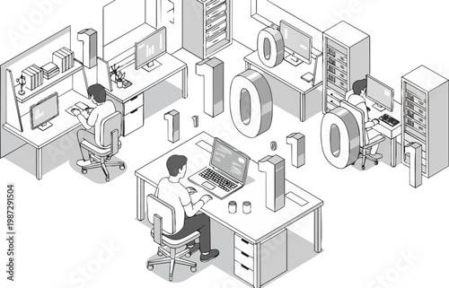 Isometric Line Art Illustration of Software Developers Working in an Office with Large Binary Numbers, Big Data, and Technology Infrastructure Concept