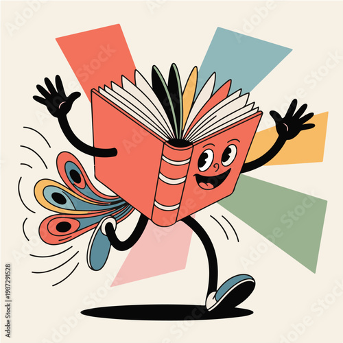 A cheerful cartoon book character running with a colorful peacock tail fan