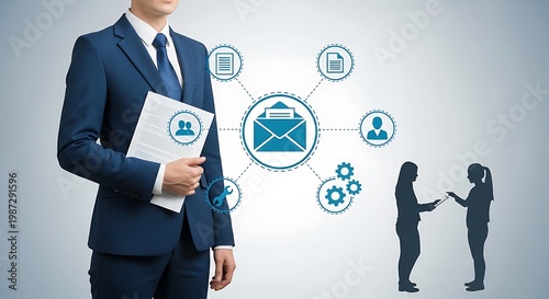 Businessman holding documents interacts with colleagues in a modern office setting with technology icons.