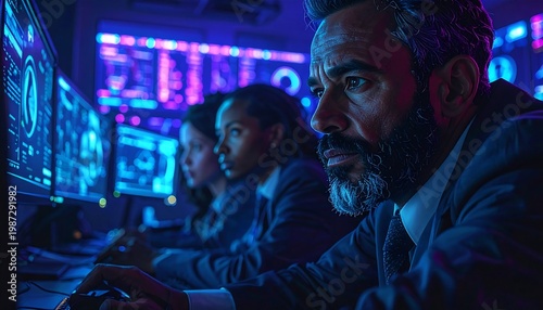 Diverse team working late in high-tech command center