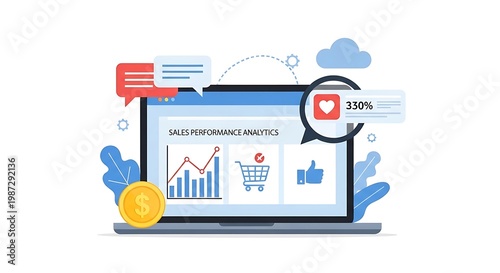 A graphic illustration of a laptop displaying sales performance analytics with a shopping cart and thumbs up icons surrounded by various digital elements and a gold coin.