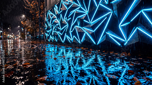 Blue Neon Geometric Light Wall in Rainy Night City  Futuristic Urban Reflection