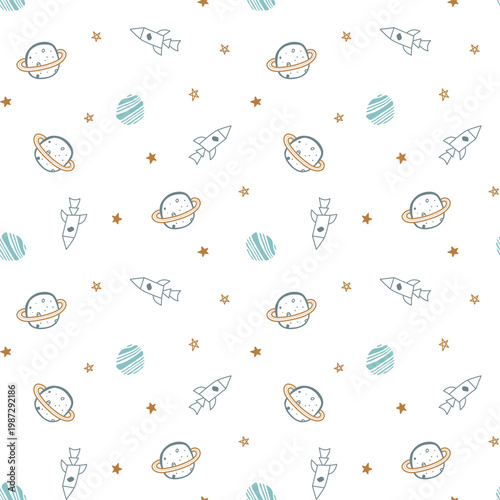 Cute cartoon space pattern with planets, rockets, and stars