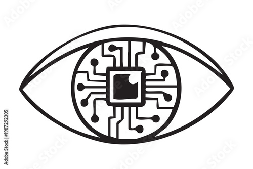 Circuit eye illustrating computer vision technology with microchip pupil and circuitry veins evokes sensor intelligence, image recognition, biometric sensing and realtime analytics in futuristic