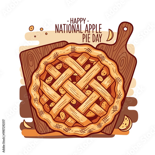 Happy National Apple Pie Day illustration with a delicious apple pie on a wooden board.