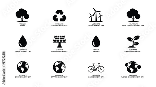 Black and white icons representing sustainability environmentalism and eco friendly practices with trees recycling renewable energy and transportation