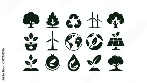 Set of green environmental icons including trees recycling symbols wind turbines solar panels and earth logos on a clean white background