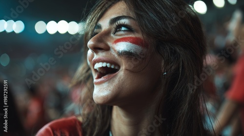 Euphoric woman in a football stadium with her face painted with the colors of the Egyptian flag, cheering and supporting her team.