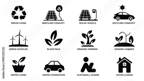 Sustainability icons highlighting renewable energy recycling and eco friendly living in a modern flat design style
