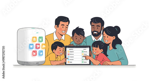 family using tablet and smart speaker together at home