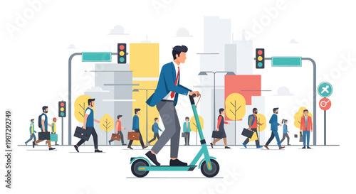 Man riding electric scooter in city with people walking around