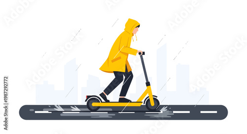Person riding electric scooter on rainy day in city