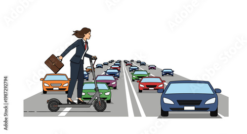 Businesswoman riding electric scooter through city traffic congestion