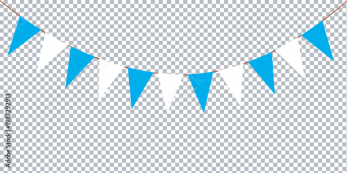 A string of blue and white triangular flags on a transparent background