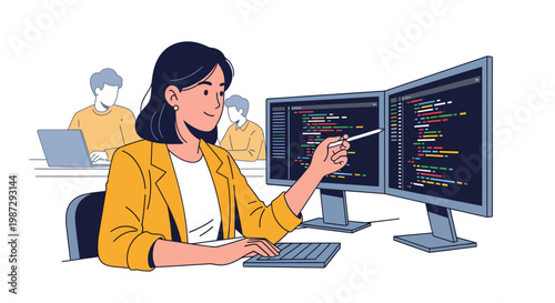 Woman coding on computer with dual monitors and colleagues