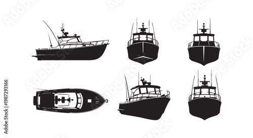 Set of fishing boat icons from various angles on white background vector illustration.