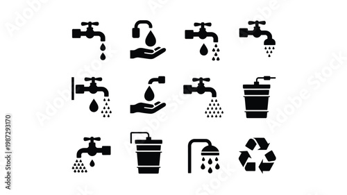 Set of black and white water conservation icons with faucets buckets recycling symbols and water saving actions for environmental awareness