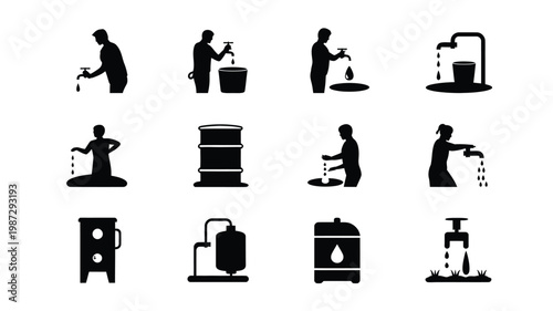 Silhouette icons of workers handling oil barrels pipes and machinery in a minimalist style for industrial illustrations