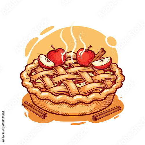 Delicious homemade apple pie with a lattice crust, decorated with fresh apple slices and cinnamon sticks, served warm.